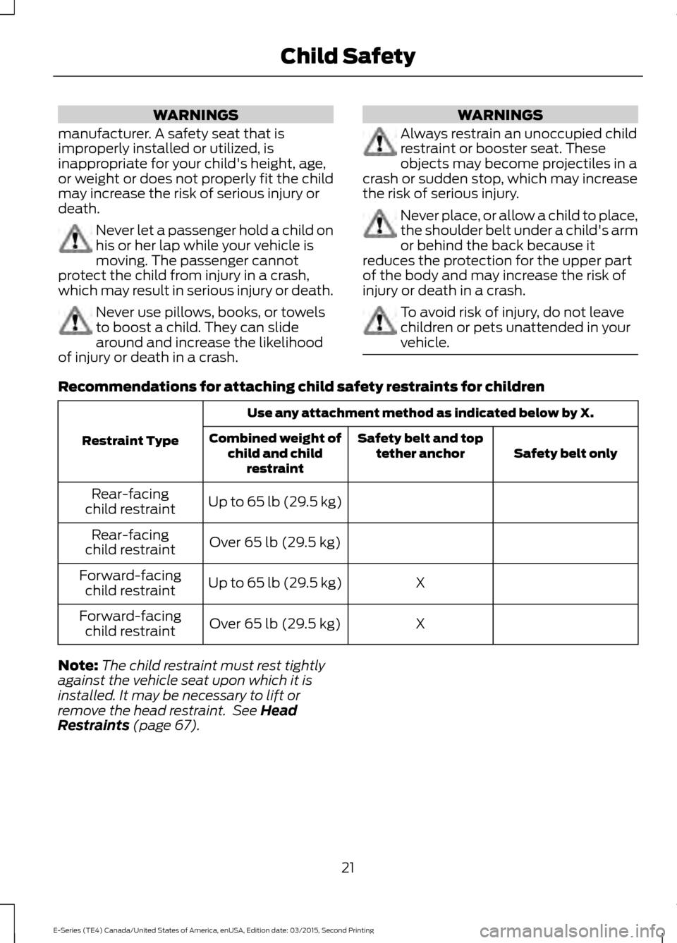 FORD E SERIES 2016 4.G Owners Manual WARNINGS
manufacturer. A safety seat that is
improperly installed or utilized, is
inappropriate for your childs height, age,
or weight or does not properly fit the child
may increase the risk of seri