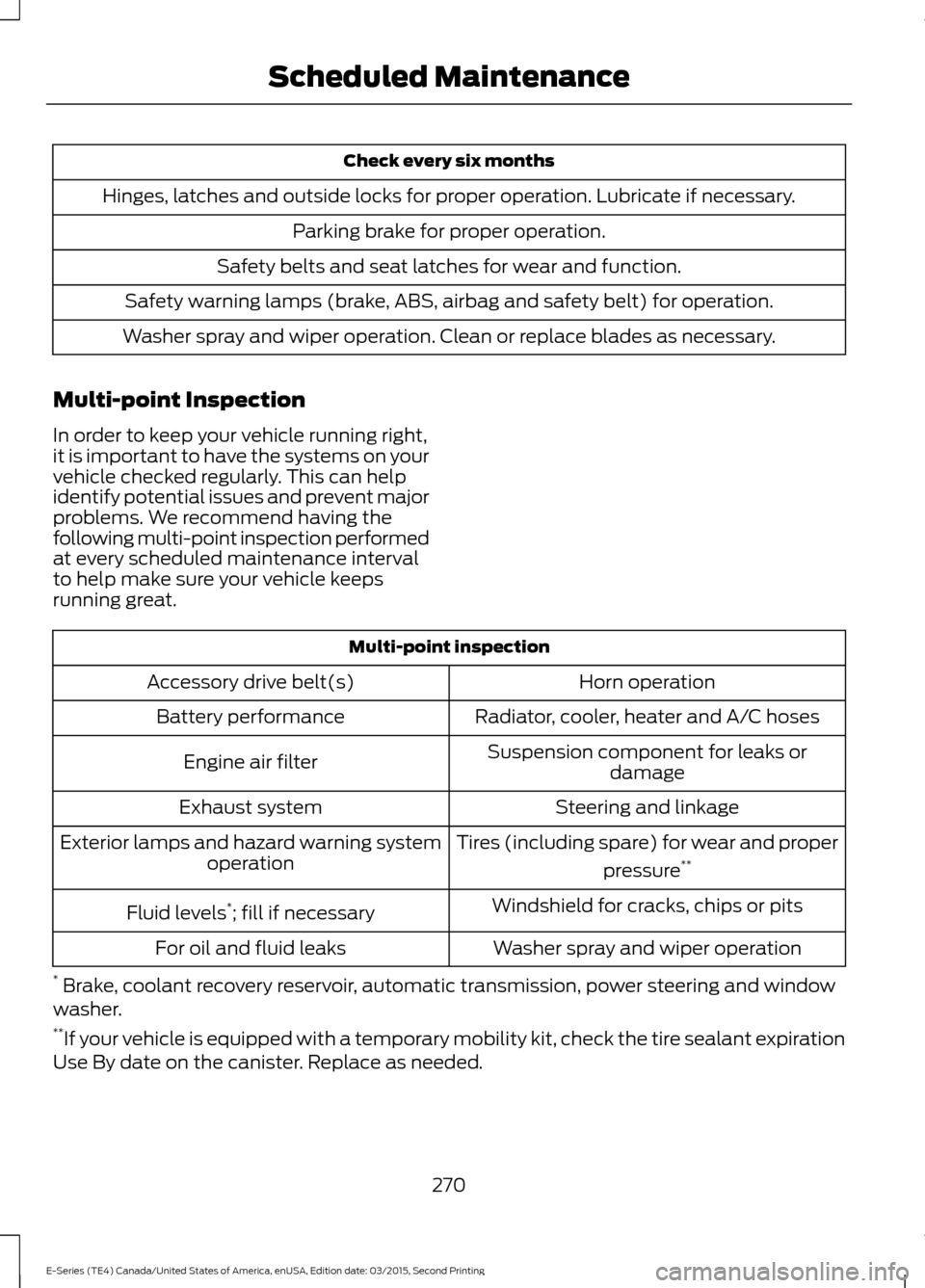 FORD E SERIES 2016 4.G Owners Guide Check every six months
Hinges, latches and outside locks for proper operation. Lubricate if necessary. Parking brake for proper operation.
Safety belts and seat latches for wear and function.
Safety w FORD E SERIES 2016 4.G Owners Guide Check every six months
Hinges, latches and outside locks for proper operation. Lubricate if necessary. Parking brake for proper operation.
Safety belts and seat latches for wear and function.
Safety w