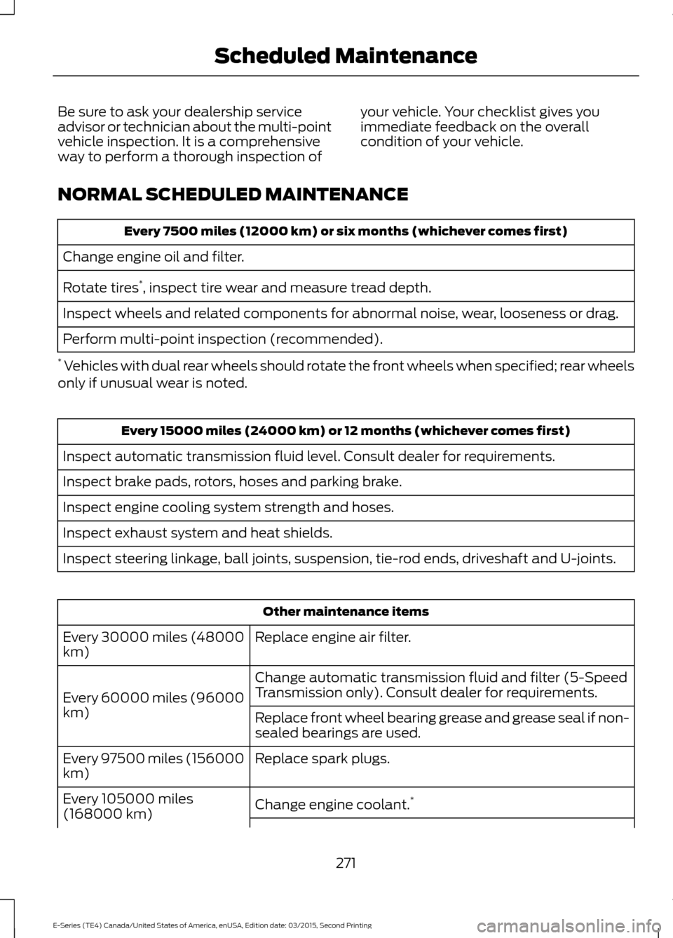 FORD E SERIES 2016 4.G Owners Guide Be sure to ask your dealership service
advisor or technician about the multi-point
vehicle inspection. It is a comprehensive
way to perform a thorough inspection of
your vehicle. Your checklist gives FORD E SERIES 2016 4.G Owners Guide Be sure to ask your dealership service
advisor or technician about the multi-point
vehicle inspection. It is a comprehensive
way to perform a thorough inspection of
your vehicle. Your checklist gives