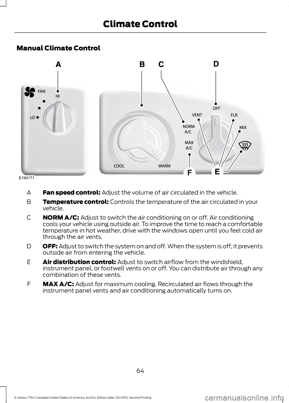 FORD E SERIES 2016 4.G Repair Manual Manual Climate Control
Fan speed control: Adjust the volume of air circulated in the vehicle.
A
Temperature control:
 Controls the temperature of the air circulated in your
vehicle.
B
NORM A/C:
 Adjus