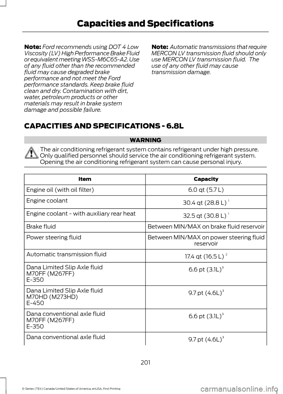 FORD E SERIES 2017 4.G Owners Manual Note:
Ford recommends using DOT 4 Low
Viscosity (LV) High Performance Brake Fluid
or equivalent meeting WSS-M6C65-A2. Use
of any fluid other than the recommended
fluid may cause degraded brake
perform FORD E SERIES 2017 4.G Owners Manual Note:
Ford recommends using DOT 4 Low
Viscosity (LV) High Performance Brake Fluid
or equivalent meeting WSS-M6C65-A2. Use
of any fluid other than the recommended
fluid may cause degraded brake
perform
