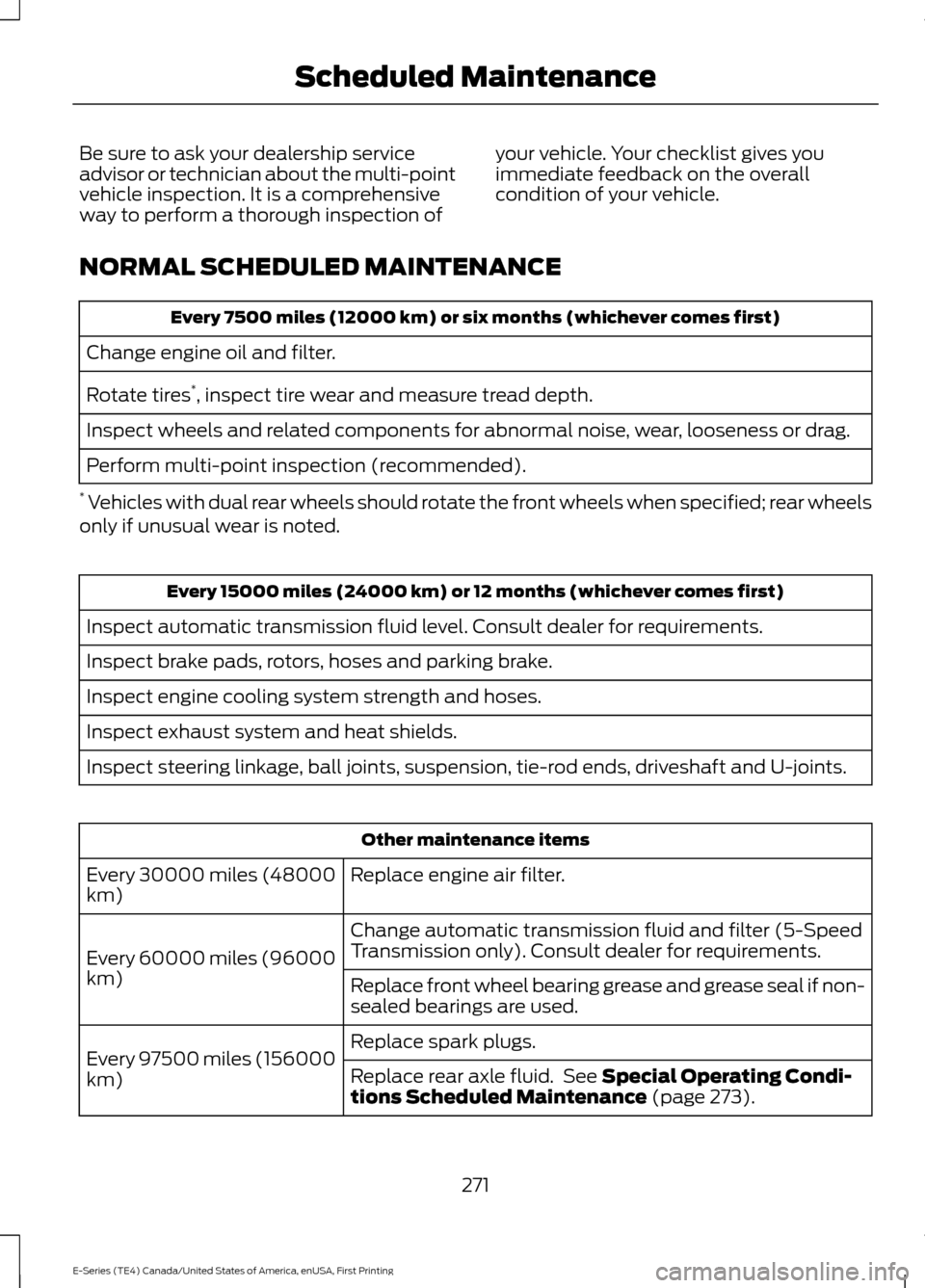 FORD E SERIES 2017 4.G Owners Manual Be sure to ask your dealership service
advisor or technician about the multi-point
vehicle inspection. It is a comprehensive
way to perform a thorough inspection of
your vehicle. Your checklist gives 