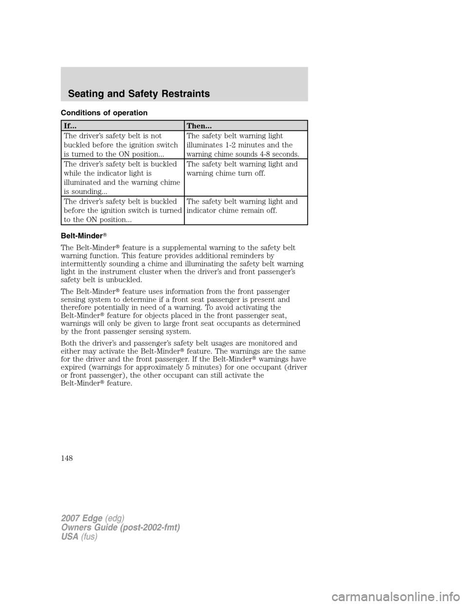 FORD EDGE 2007 1.G Owners Manual Conditions of operation
If... Then...
The driver’s safety belt is not
buckled before the ignition switch
is turned to the ON position...The safety belt warning light
illuminates 1-2 minutes and the
FORD EDGE 2007 1.G Owners Manual Conditions of operation
If... Then...
The driver’s safety belt is not
buckled before the ignition switch
is turned to the ON position...The safety belt warning light
illuminates 1-2 minutes and the