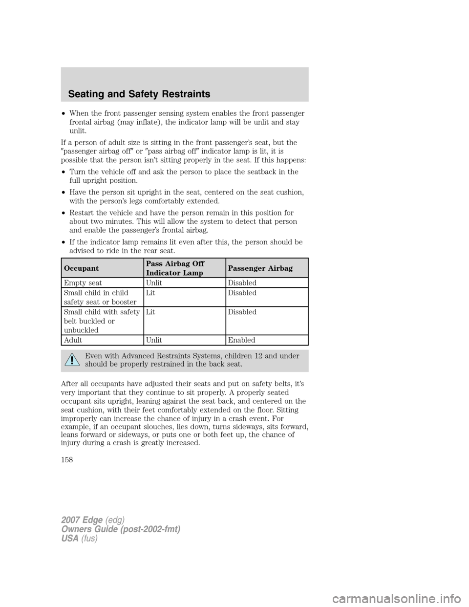 FORD EDGE 2007 1.G Owners Manual •When the front passenger sensing system enables the front passenger
frontal airbag (may inflate), the indicator lamp will be unlit and stay
unlit.
If a person of adult size is sitting in the front 