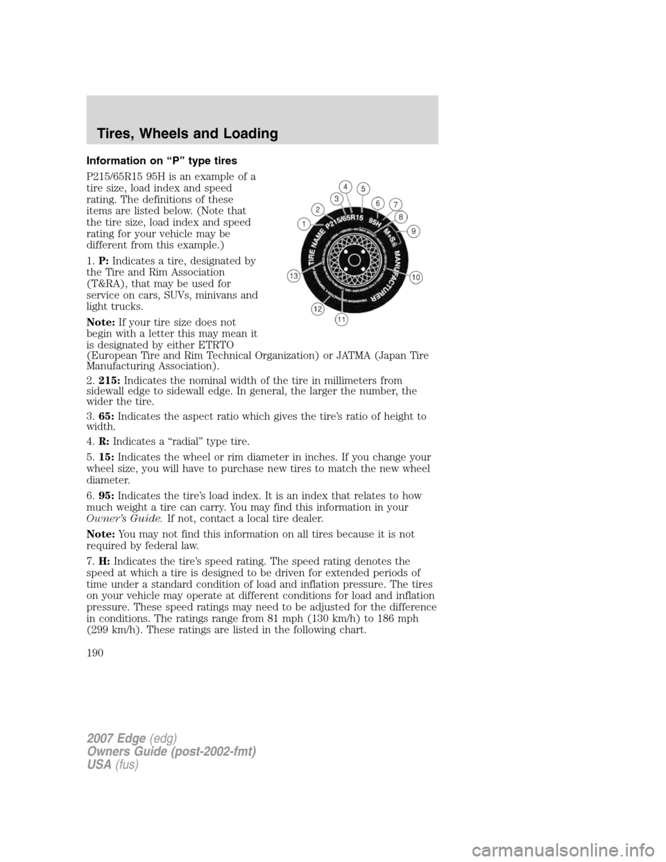 FORD EDGE 2007 1.G Owners Manual Information on “P” type tires
P215/65R15 95H is an example of a
tire size, load index and speed
rating. The definitions of these
items are listed below. (Note that
the tire size, load index and sp