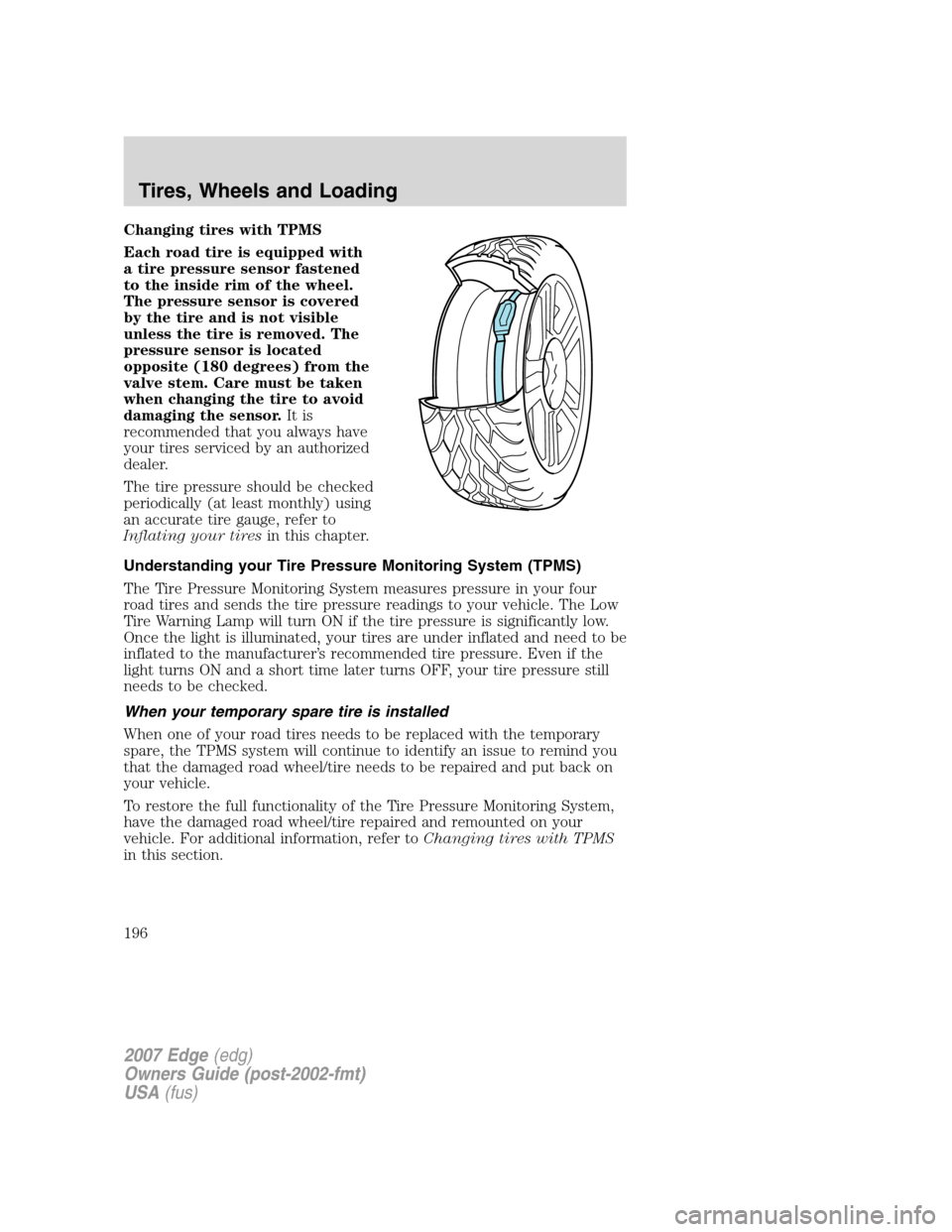 FORD EDGE 2007 1.G User Guide Changing tires with TPMS
Each road tire is equipped with
a tire pressure sensor fastened
to the inside rim of the wheel.
The pressure sensor is covered
by the tire and is not visible
unless the tire i