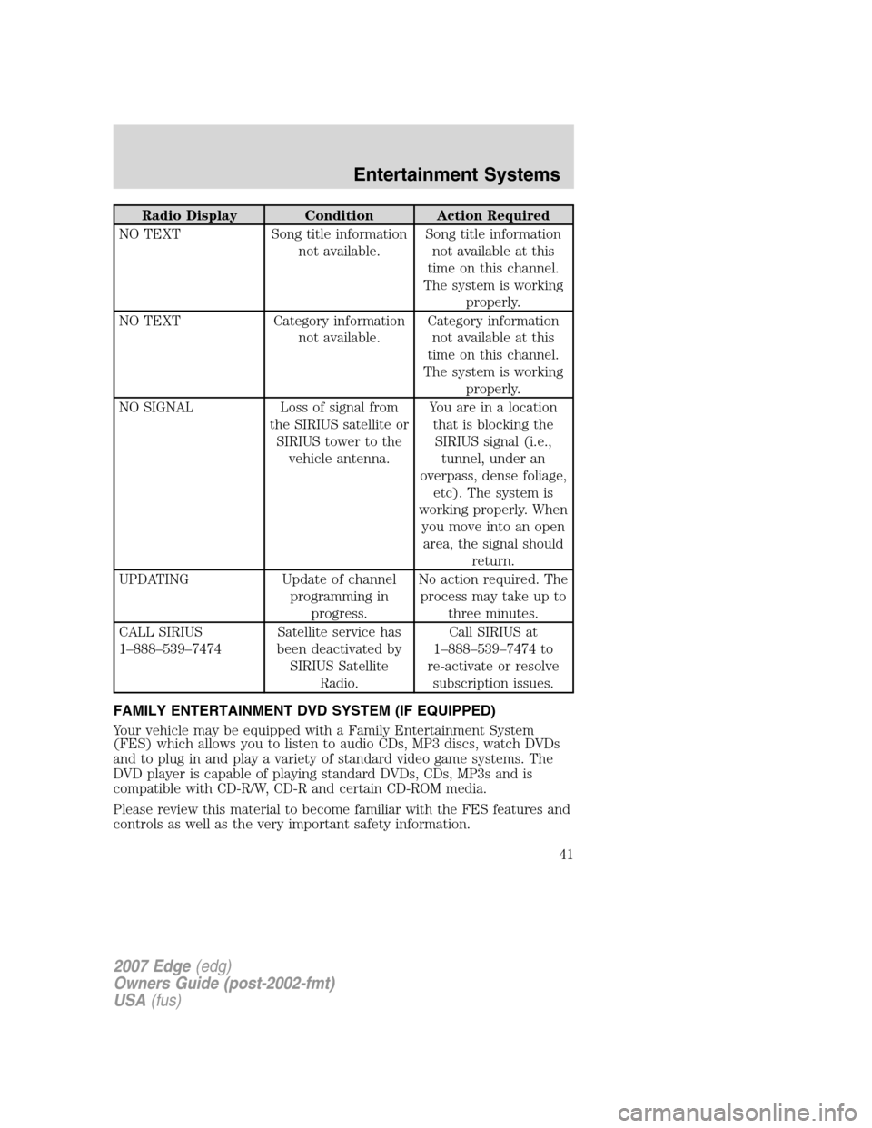 FORD EDGE 2007 1.G Owners Manual Radio Display Condition Action Required
NO TEXT Song title information
not available.Song title information
not available at this
time on this channel.
The system is working
properly.
NO TEXT Category