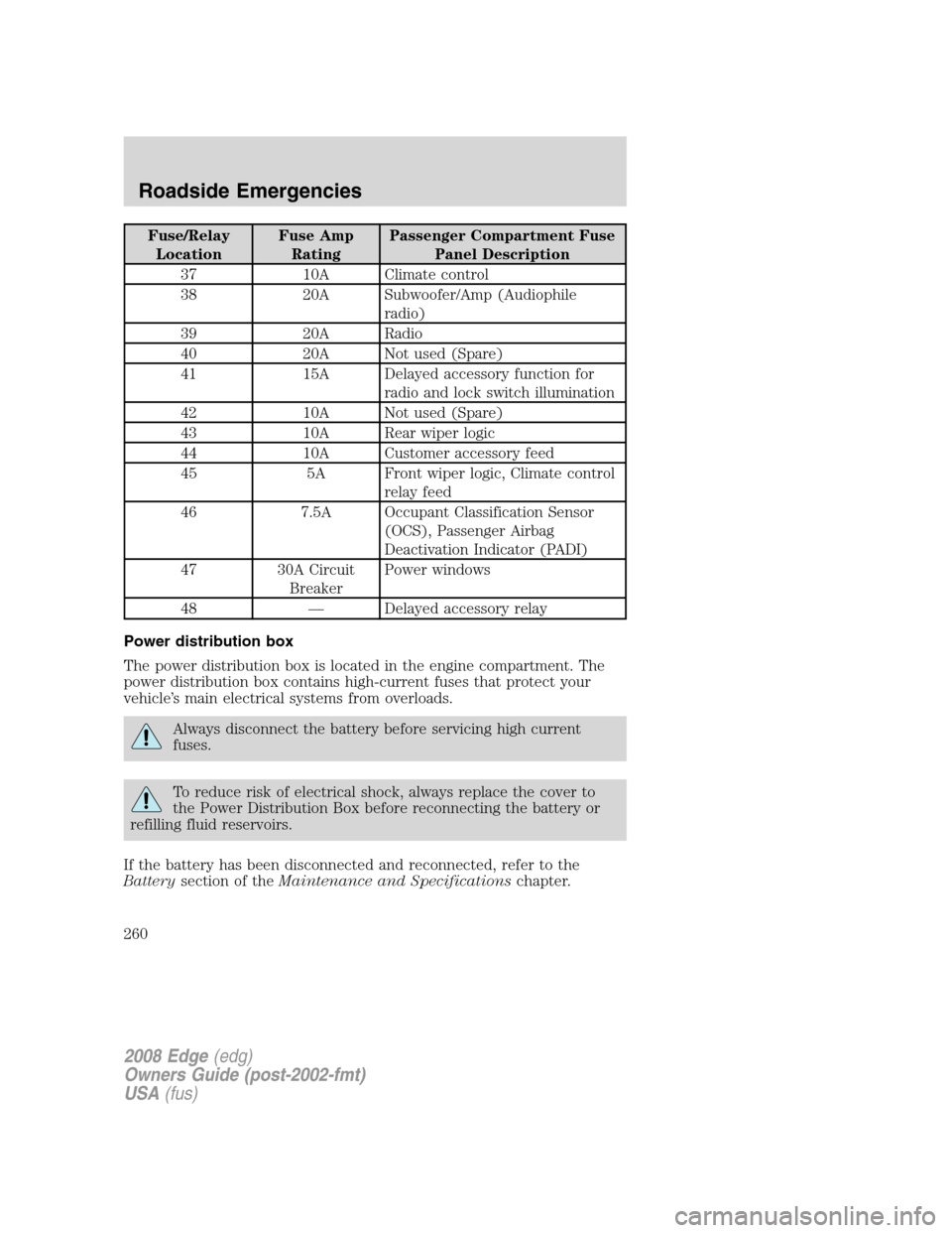 FORD EDGE 2008 1.G Owners Manual Fuse/Relay
LocationFuse Amp
RatingPassenger Compartment Fuse
Panel Description
37 10A Climate control
38 20A Subwoofer/Amp (Audiophile
radio)
39 20A Radio
40 20A Not used (Spare)
41 15A Delayed access