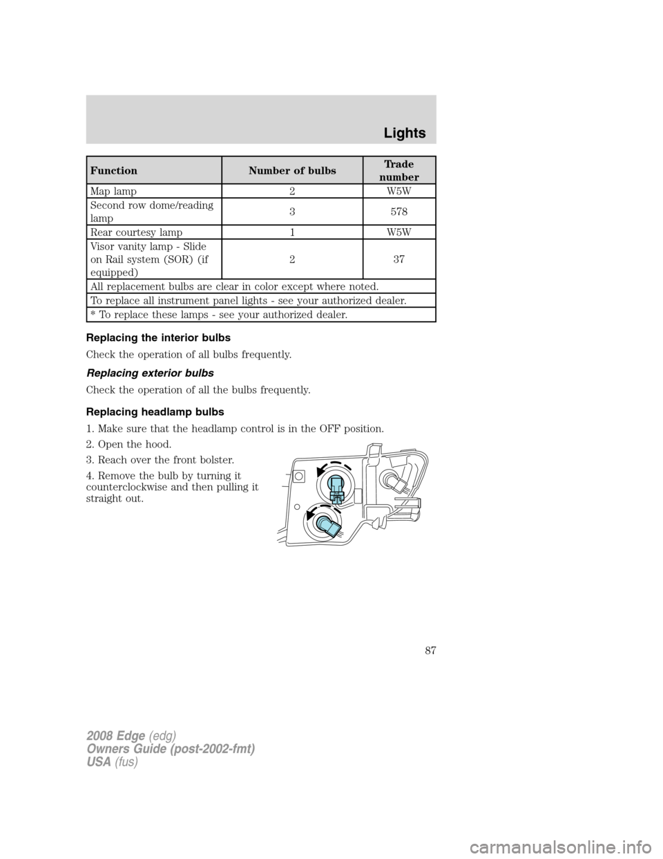 FORD EDGE 2008 1.G Owners Manual Function Number of bulbsTrade
number
Map lamp 2 W5W
Second row dome/reading
lamp3 578
Rear courtesy lamp 1 W5W
Visor vanity lamp - Slide
on Rail system (SOR) (if
equipped)237
All replacement bulbs are FORD EDGE 2008 1.G Owners Manual Function Number of bulbsTrade
number
Map lamp 2 W5W
Second row dome/reading
lamp3 578
Rear courtesy lamp 1 W5W
Visor vanity lamp - Slide
on Rail system (SOR) (if
equipped)237
All replacement bulbs are