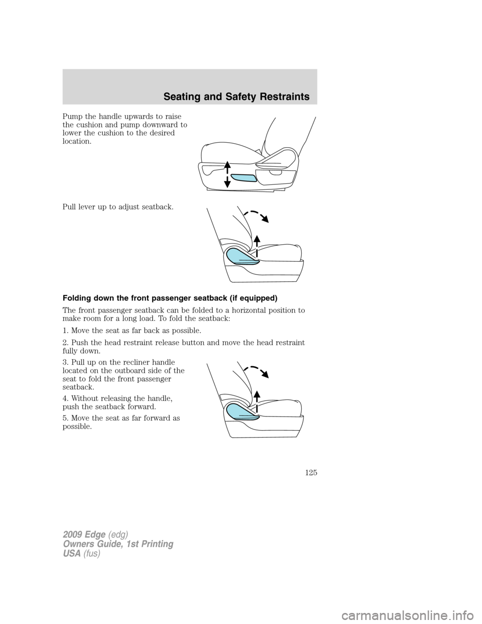 FORD EDGE 2009 1.G Owners Manual Pump the handle upwards to raise
the cushion and pump downward to
lower the cushion to the desired
location.
Pull lever up to adjust seatback.
Folding down the front passenger seatback (if equipped)
T FORD EDGE 2009 1.G Owners Manual Pump the handle upwards to raise
the cushion and pump downward to
lower the cushion to the desired
location.
Pull lever up to adjust seatback.
Folding down the front passenger seatback (if equipped)
T