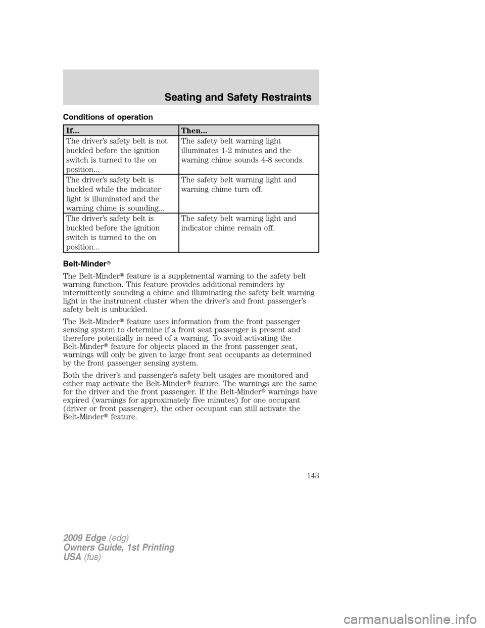 FORD EDGE 2009 1.G Owners Manual Conditions of operation
If... Then...
The driver’s safety belt is not
buckled before the ignition
switch is turned to the on
position...The safety belt warning light
illuminates 1-2 minutes and the
