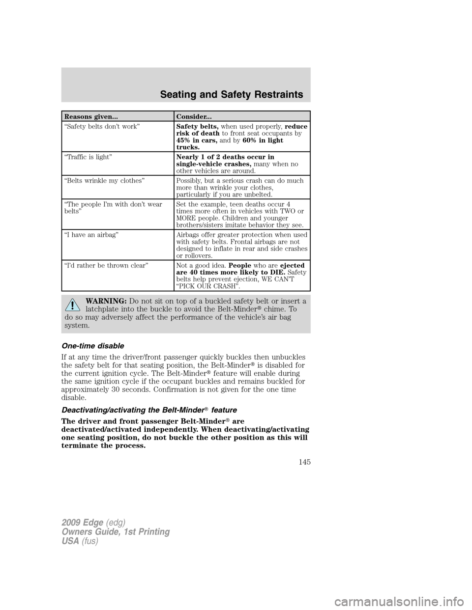 FORD EDGE 2009 1.G Owners Manual Reasons given... Consider...
“Safety belts don’t work”Safety belts,when used properly,reduce
risk of deathto front seat occupants by
45% in cars,and by60% in light
trucks.
“Traffic is light”