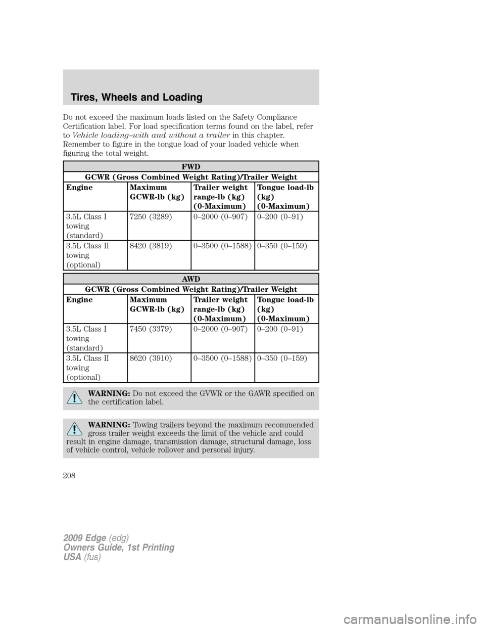 FORD EDGE 2009 1.G Owners Manual Do not exceed the maximum loads listed on the Safety Compliance
Certification label. For load specification terms found on the label, refer
toVehicle loading–with and without a trailerin this chapte