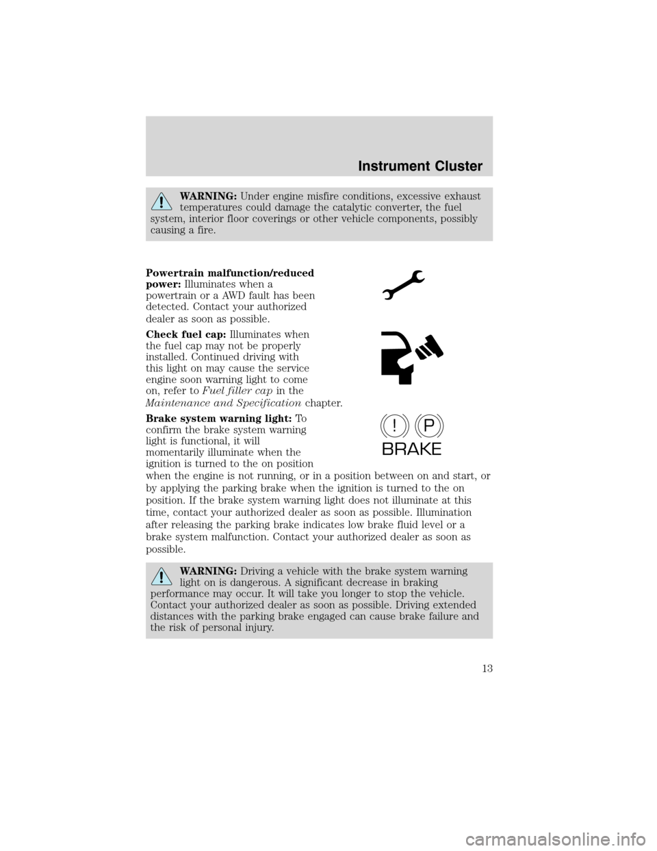 FORD EDGE 2010 1.G User Guide WARNING:Under engine misfire conditions, excessive exhaust
temperatures could damage the catalytic converter, the fuel
system, interior floor coverings or other vehicle components, possibly
causing a 