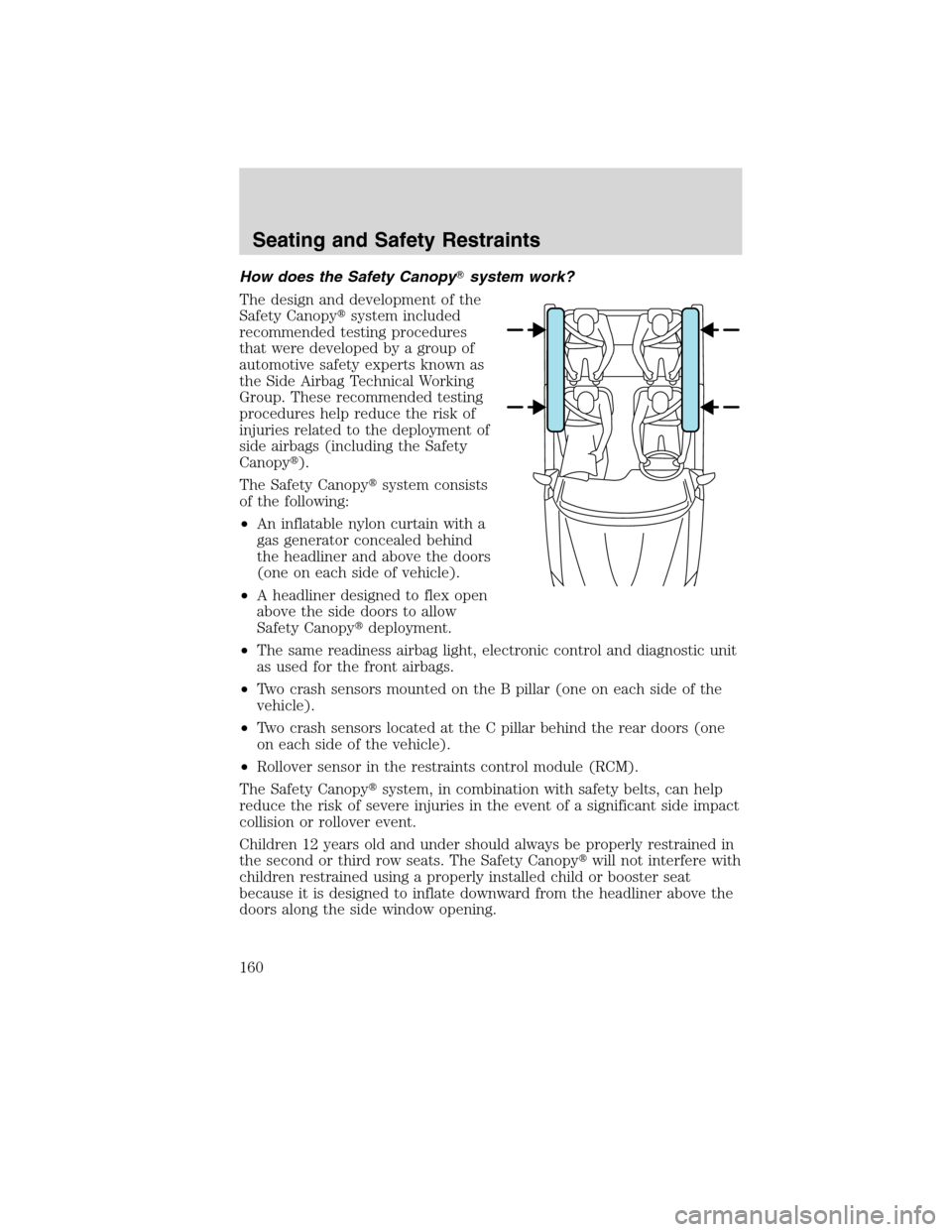 FORD EDGE 2010 1.G User Guide How does the Safety Canopysystem work?
The design and development of the
Safety Canopysystem included
recommended testing procedures
that were developed by a group of
automotive safety experts known