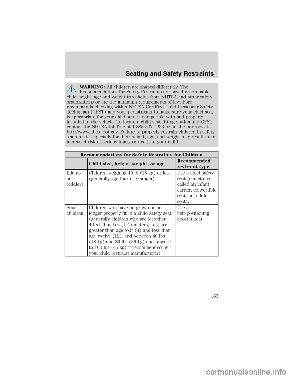 FORD EDGE 2010 1.G Owners Manual WARNING:All children are shaped differently. The
Recommendations for Safety Restraints are based on probable
child height, age and weight thresholds from NHTSA and other safety
organizations or are th