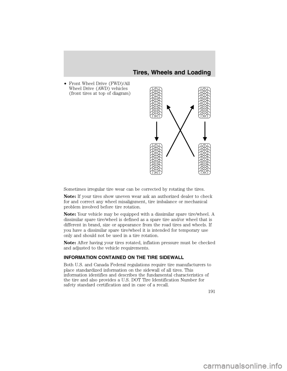 FORD EDGE 2010 1.G User Guide •Front Wheel Drive (FWD)/All
Wheel Drive (AWD) vehicles
(front tires at top of diagram)
Sometimes irregular tire wear can be corrected by rotating the tires.
Note:If your tires show uneven wear ask 