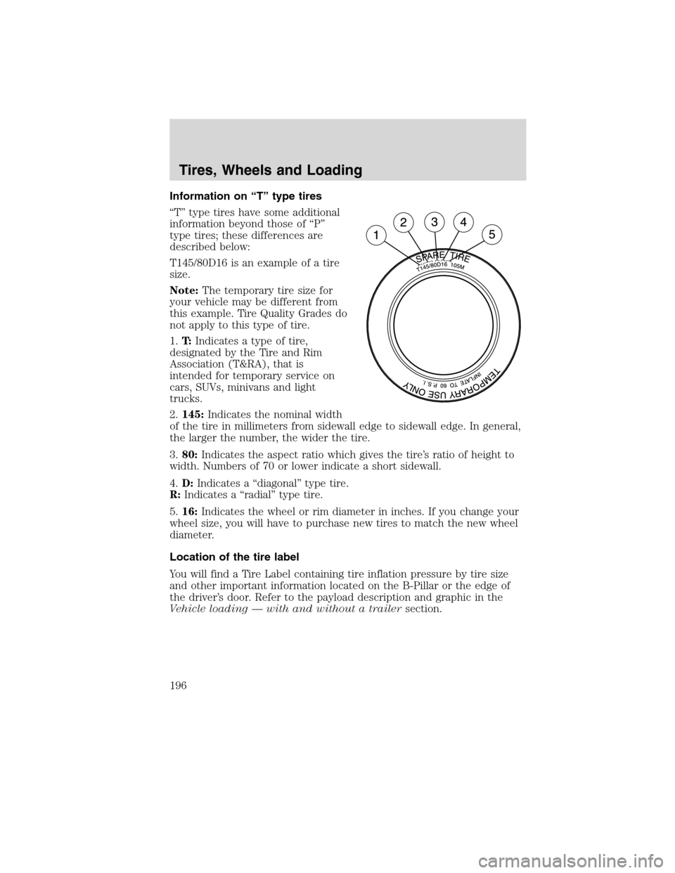 FORD EDGE 2010 1.G Owners Manual Information on “T” type tires
“T” type tires have some additional
information beyond those of “P”
type tires; these differences are
described below:
T145/80D16 is an example of a tire
size FORD EDGE 2010 1.G Owners Manual Information on “T” type tires
“T” type tires have some additional
information beyond those of “P”
type tires; these differences are
described below:
T145/80D16 is an example of a tire
size