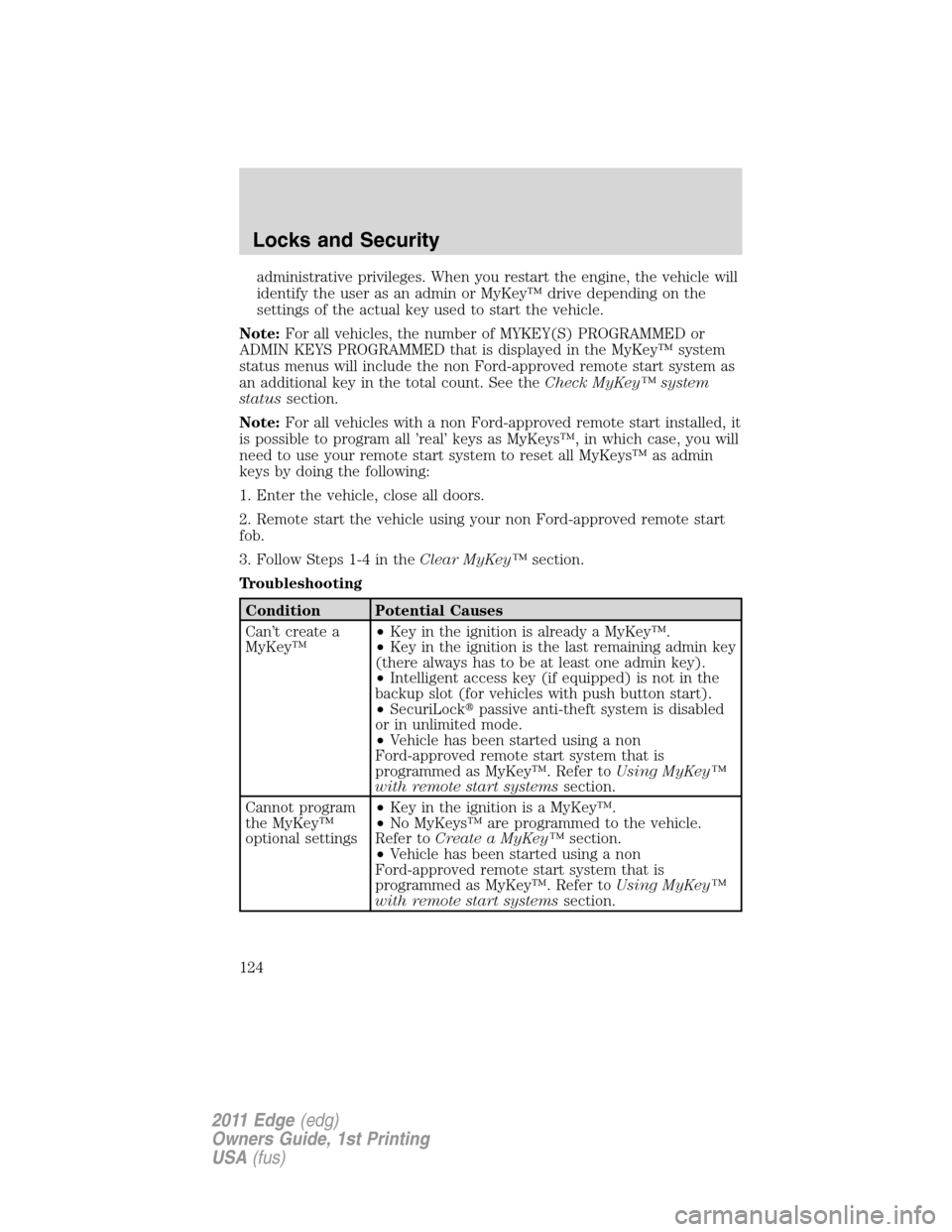 FORD EDGE 2011 1.G Owners Manual administrative privileges. When you restart the engine, the vehicle will
identify the user as an admin or MyKey™ drive depending on the
settings of the actual key used to start the vehicle.
Note:For