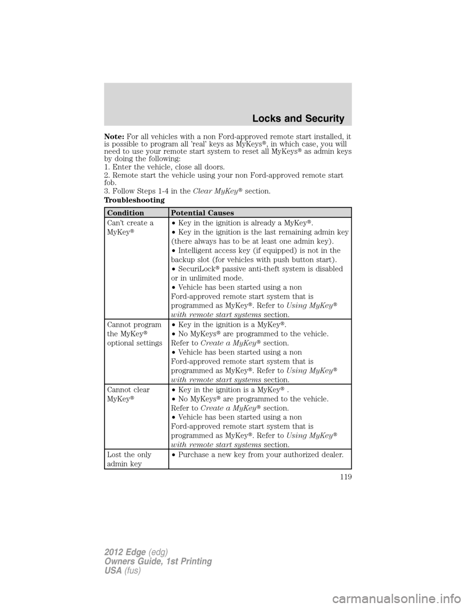 FORD EDGE 2012 1.G Owners Manual Note:For all vehicles with a non Ford-approved remote start installed, it
is possible to program all ’real’ keys as MyKeys, in which case, you will
need to use your remote start system to reset a