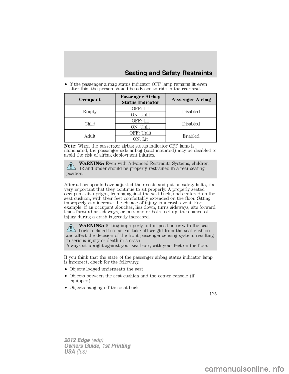 FORD EDGE 2012 1.G User Guide •If the passenger airbag status indicator OFF lamp remains lit even
after this, the person should be advised to ride in the rear seat.
OccupantPassenger Airbag
Status IndicatorPassenger Airbag
Empty