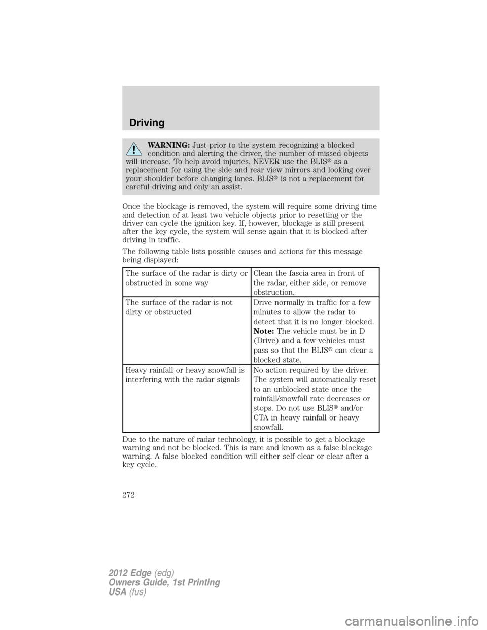 FORD EDGE 2012 1.G Owners Manual WARNING:Just prior to the system recognizing a blocked
condition and alerting the driver, the number of missed objects
will increase. To help avoid injuries, NEVER use the BLISas a
replacement for us