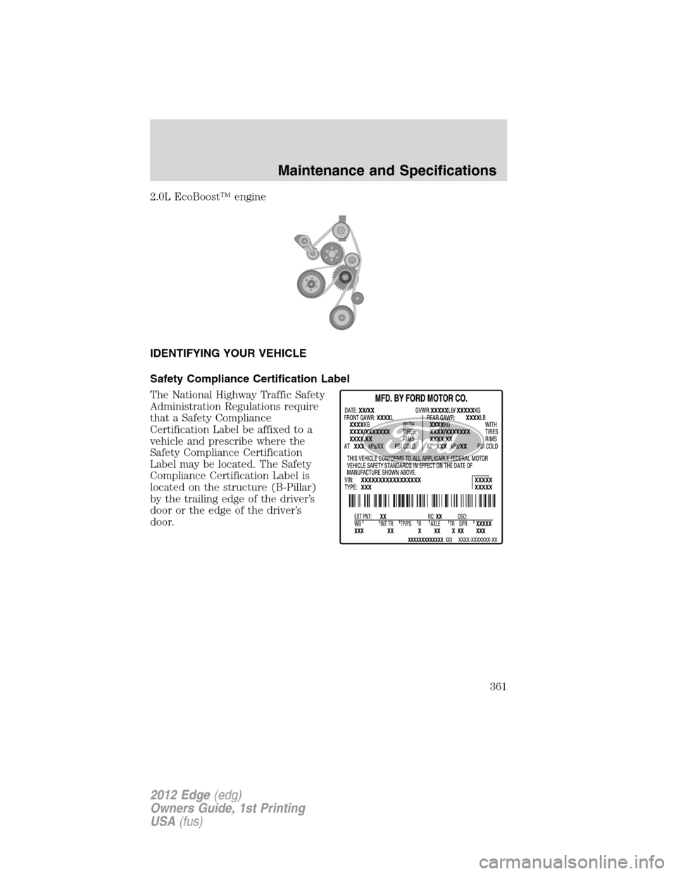 FORD EDGE 2012 1.G Owners Manual 2.0L EcoBoost™ engine
IDENTIFYING YOUR VEHICLE
Safety Compliance Certification Label
The National Highway Traffic Safety
Administration Regulations require
that a Safety Compliance
Certification Lab