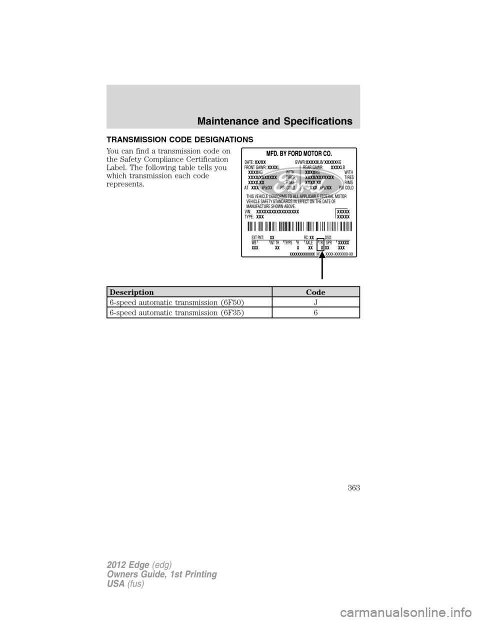 FORD EDGE 2012 1.G Owners Manual TRANSMISSION CODE DESIGNATIONS
You can find a transmission code on
the Safety Compliance Certification
Label. The following table tells you
which transmission each code
represents.
Description Code
6-