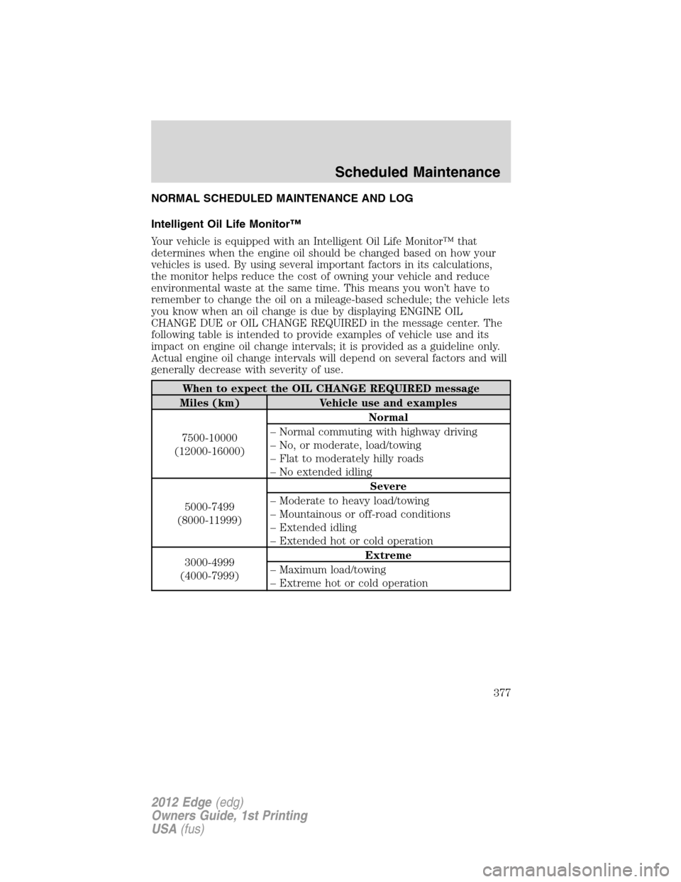 FORD EDGE 2012 1.G Owners Manual NORMAL SCHEDULED MAINTENANCE AND LOG
Intelligent Oil Life Monitor™
Your vehicle is equipped with an Intelligent Oil Life Monitor™ that
determines when the engine oil should be changed based on how