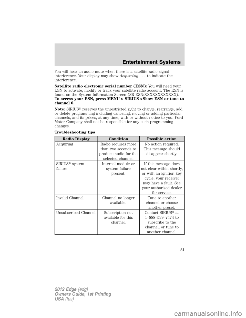 FORD EDGE 2012 1.G Workshop Manual You will hear an audio mute when there is a satellite radio signal
interference. Your display may showAcquiring...to indicate the
interference.
Satellite radio electronic serial number (ESN):You will 