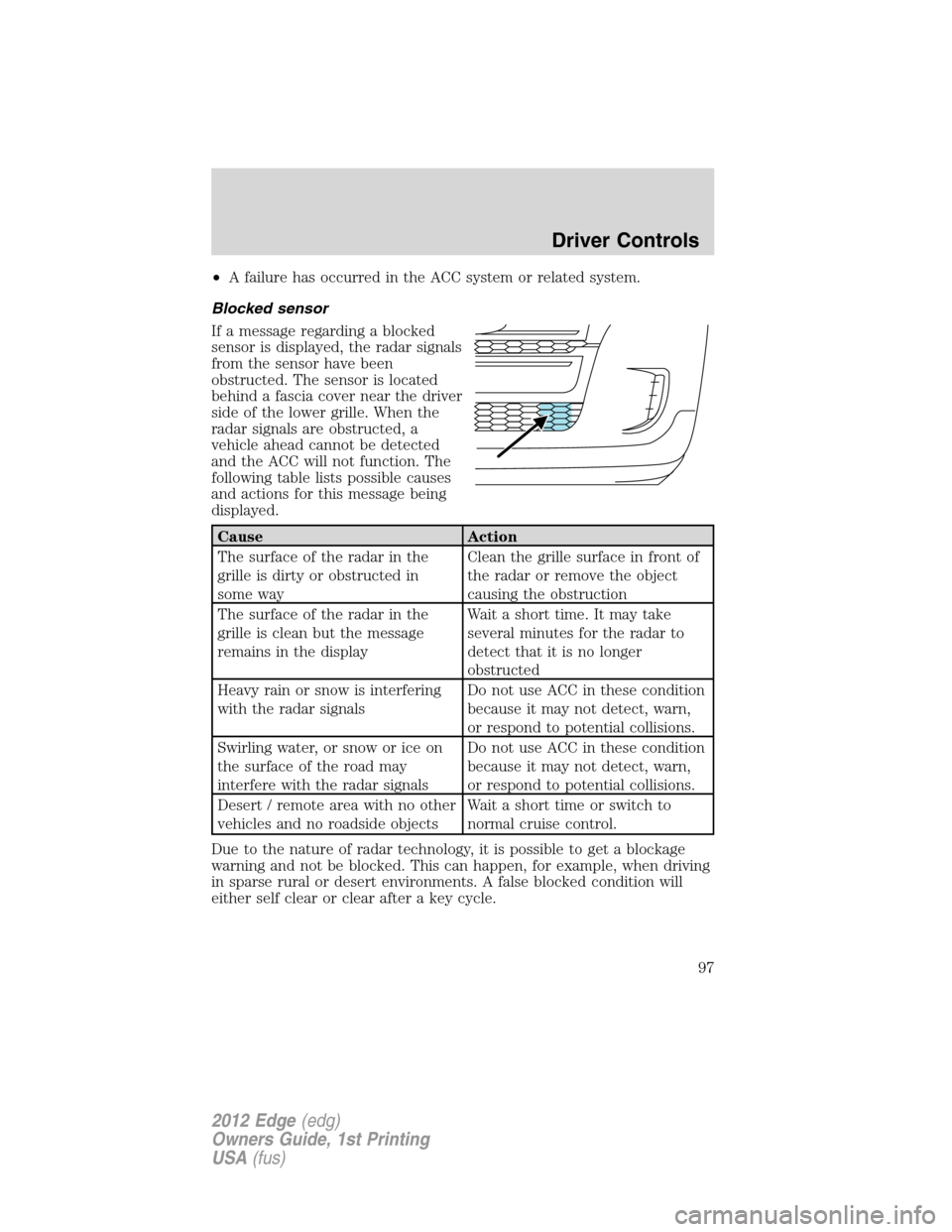 FORD EDGE 2012 1.G Service Manual •A failure has occurred in the ACC system or related system.
Blocked sensor
If a message regarding a blocked
sensor is displayed, the radar signals
from the sensor have been
obstructed. The sensor i