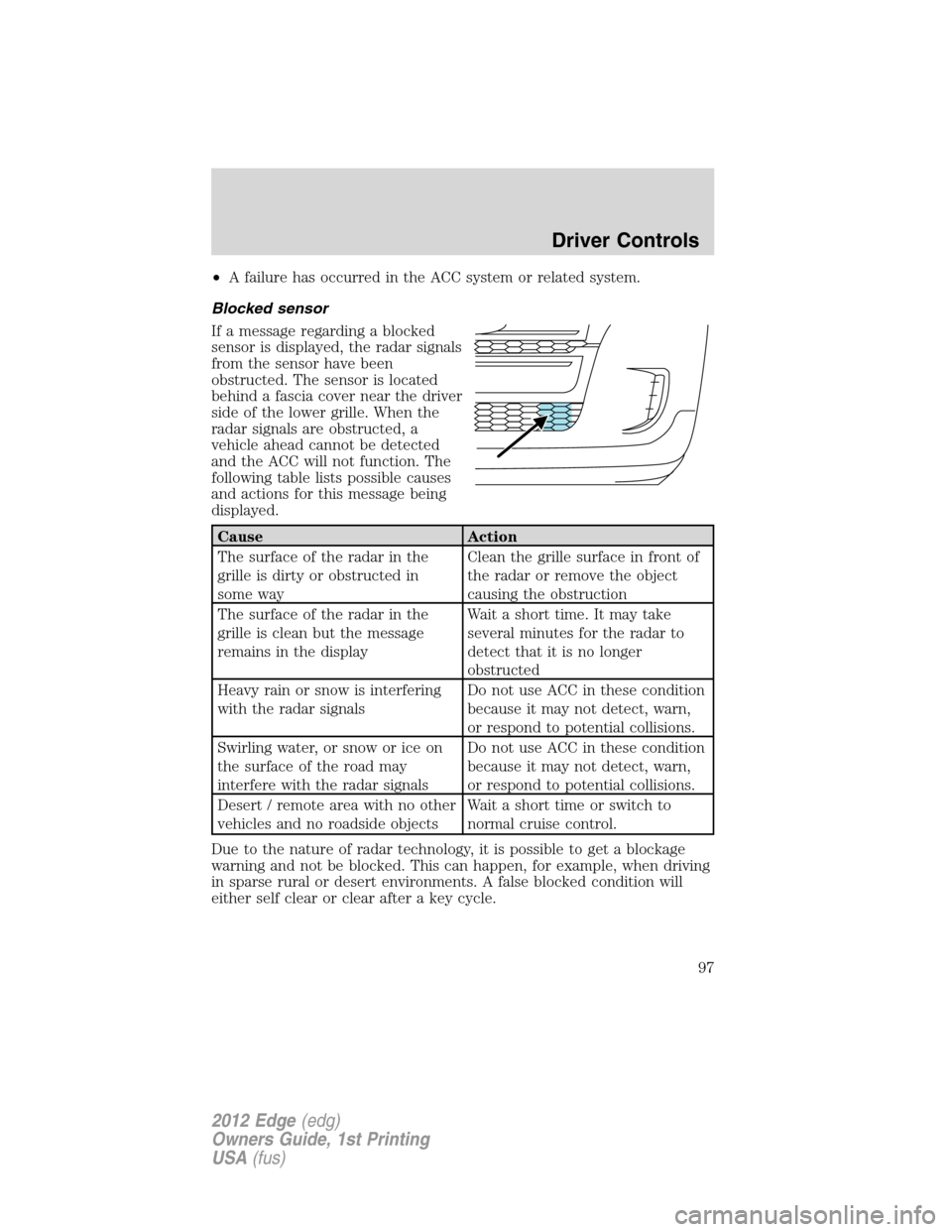 FORD EDGE 2012 1.G Owners Manual •A failure has occurred in the ACC system or related system.
Blocked sensor
If a message regarding a blocked
sensor is displayed, the radar signals
from the sensor have been
obstructed. The sensor i