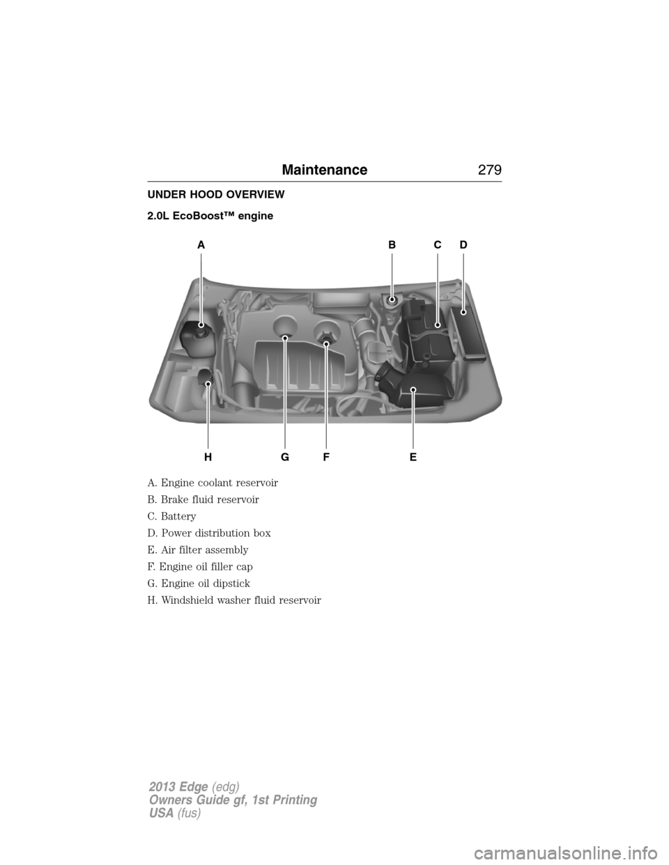 FORD EDGE 2013 1.G Owners Manual UNDER HOOD OVERVIEW
2.0L EcoBoost™ engine
A. Engine coolant reservoir
B. Brake fluid reservoir
C. Battery
D. Power distribution box
E. Air filter assembly
F. Engine oil filler cap
G. Engine oil dips