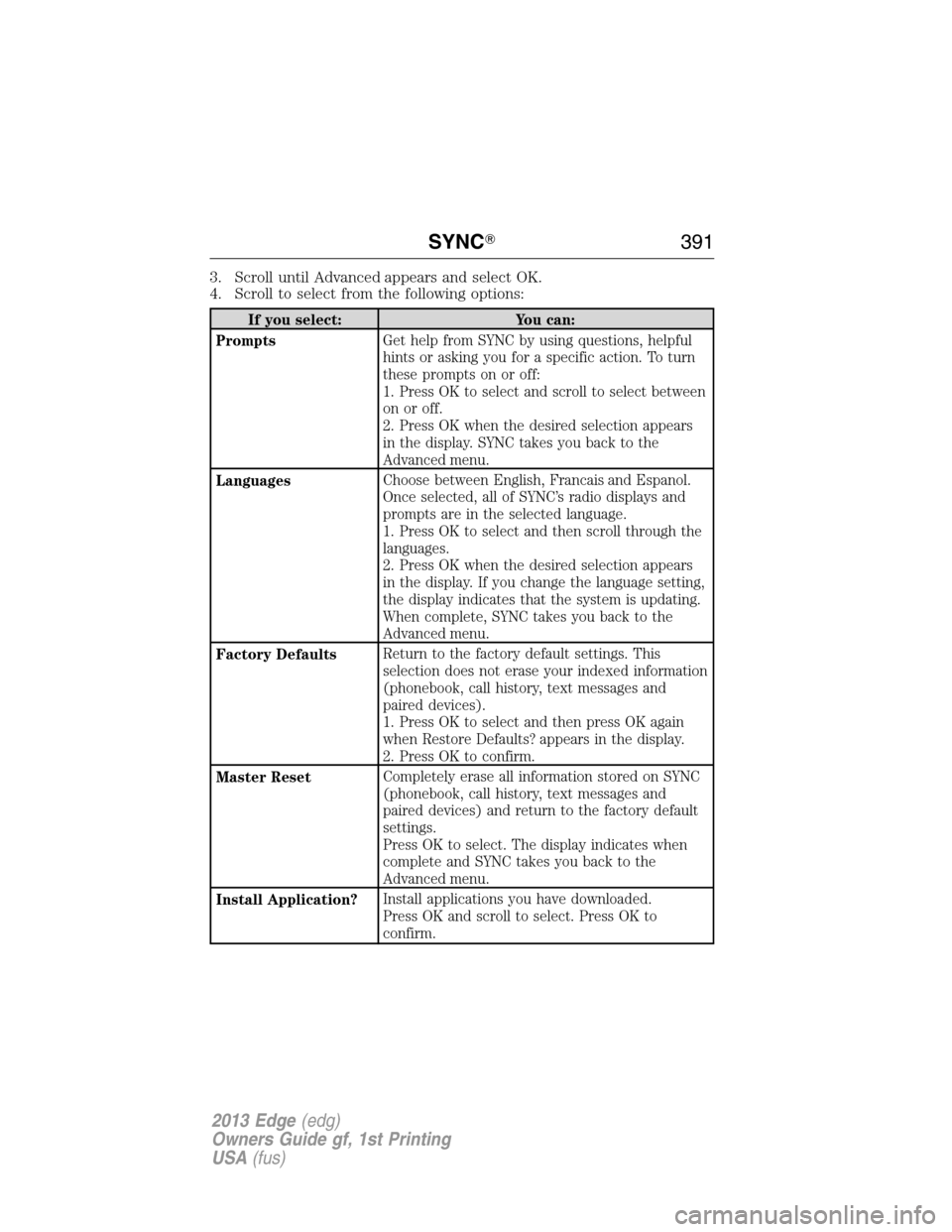 FORD EDGE 2013 1.G Owners Manual 3. Scroll until Advanced appears and select OK.
4. Scroll to select from the following options:
If you select: You can:
PromptsGet help from SYNC by using questions, helpful
hints or asking you for a 