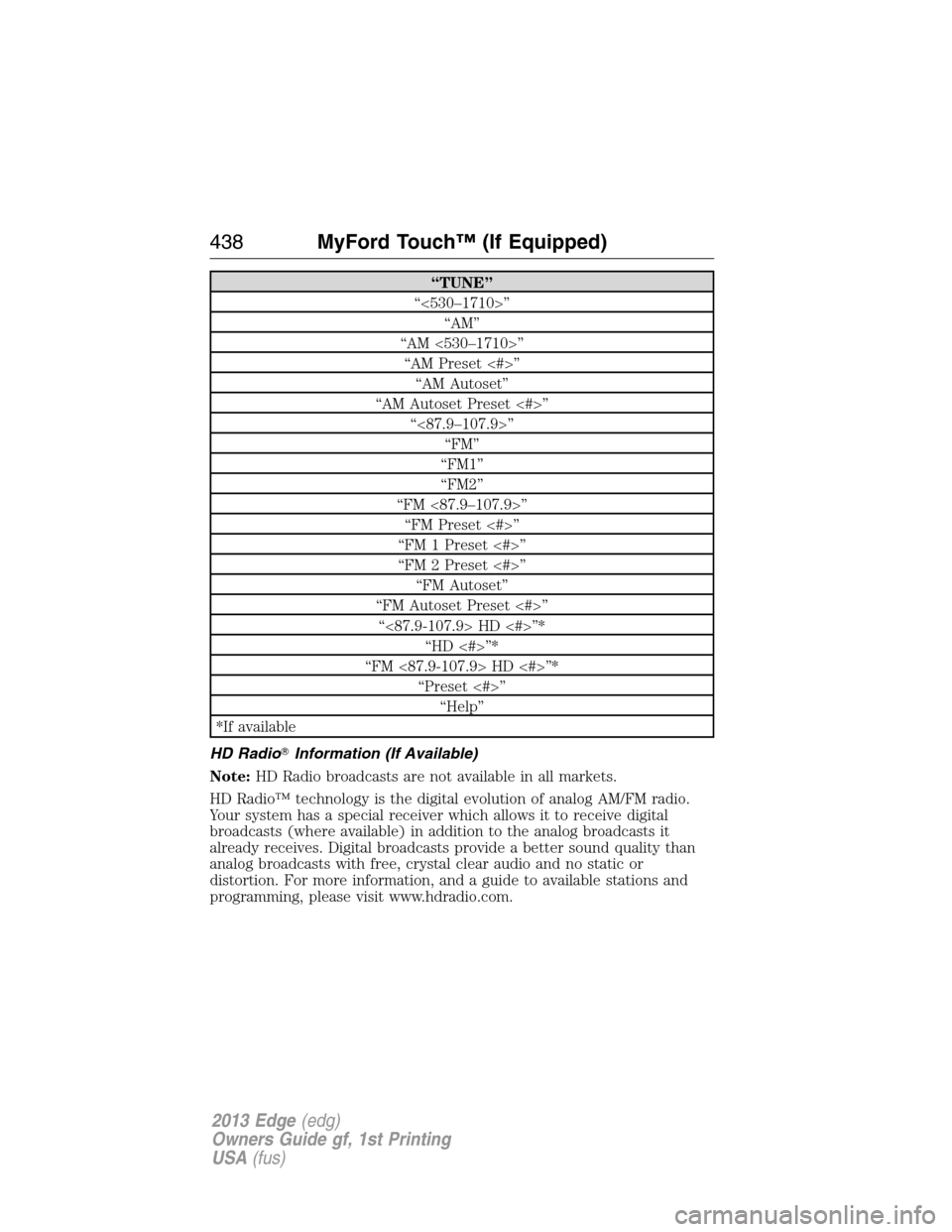 FORD EDGE 2013 1.G Owners Manual “TUNE”
“<530–1710>”
“AM”
“AM <530–1710>”
“AM Preset <#>”
“AM Autoset”
“AM Autoset Preset <#>”
“<87.9–107.9>”
“FM”
“FM1”
“FM2”
“FM <87.9–107.9>”
FORD EDGE 2013 1.G Owners Manual “TUNE”
“<530–1710>”
“AM”
“AM <530–1710>”
“AM Preset <#>”
“AM Autoset”
“AM Autoset Preset <#>”
“<87.9–107.9>”
“FM”
“FM1”
“FM2”
“FM <87.9–107.9>”