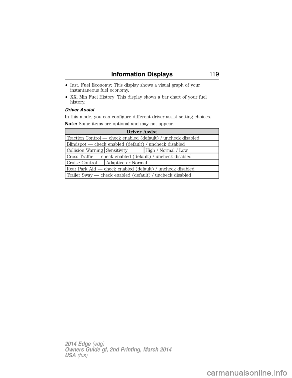 FORD EDGE 2014 1.G Owners Manual •Inst. Fuel Economy: This display shows a visual graph of your
instantaneous fuel economy.
•XX. Min Fuel History: This display shows a bar chart of your fuel
history.
Driver Assist
In this mode, y