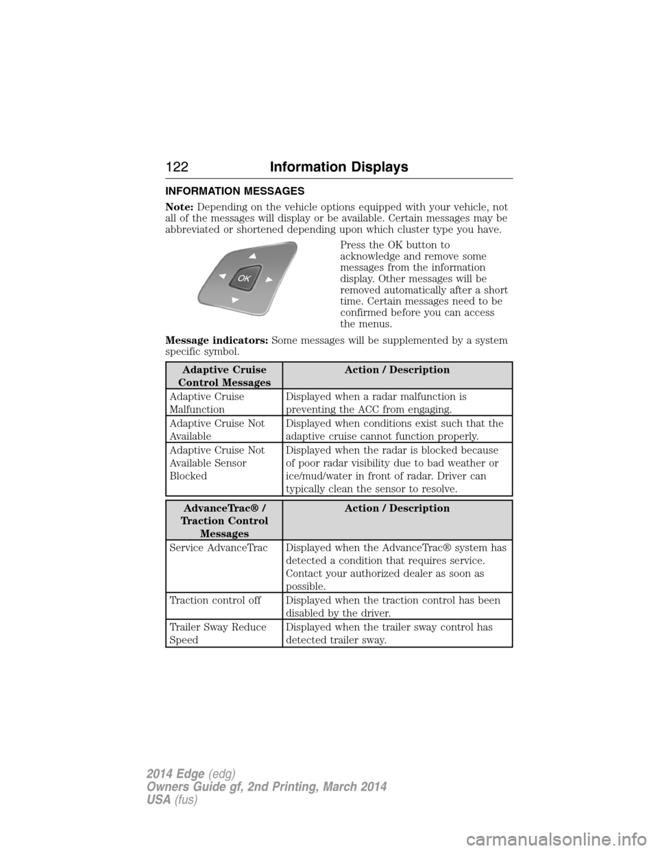 FORD EDGE 2014 1.G Owners Manual INFORMATION MESSAGES
Note:Depending on the vehicle options equipped with your vehicle, not
all of the messages will display or be available. Certain messages may be
abbreviated or shortened depending 