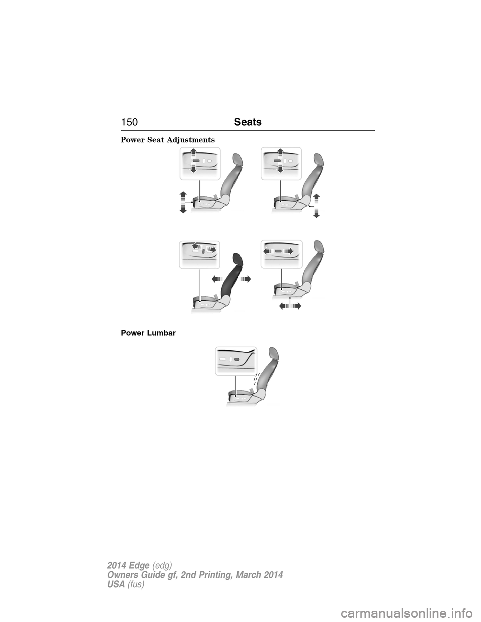 FORD EDGE 2014 1.G Owners Manual Power Seat Adjustments
Power Lumbar
150Seats
2014 Edge(edg)
Owners Guide gf, 2nd Printing, March 2014
USA(fus) 