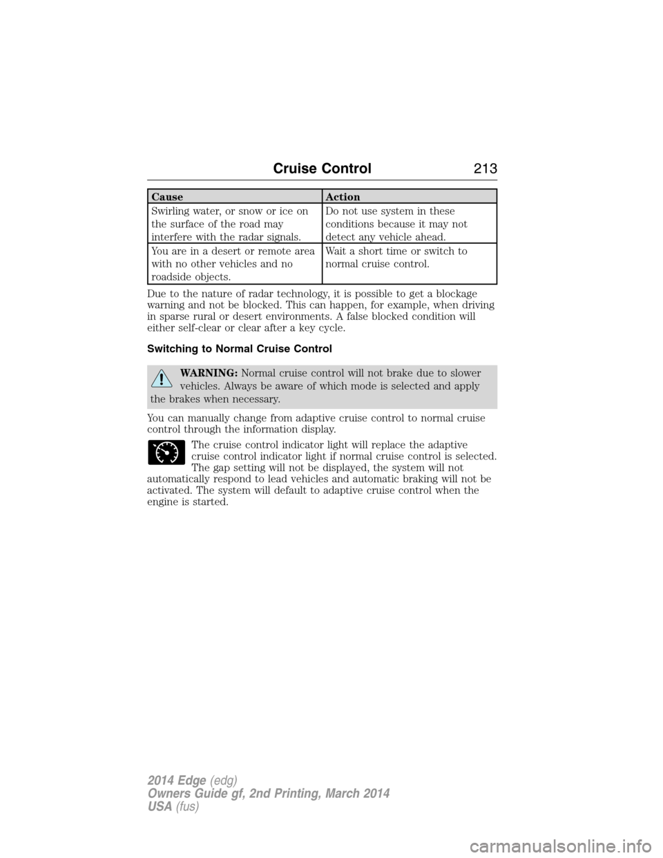 FORD EDGE 2014 1.G Repair Manual Cause Action
Swirling water, or snow or ice on
the surface of the road may
interfere with the radar signals.Do not use system in these
conditions because it may not
detect any vehicle ahead.
You are i FORD EDGE 2014 1.G Repair Manual Cause Action
Swirling water, or snow or ice on
the surface of the road may
interfere with the radar signals.Do not use system in these
conditions because it may not
detect any vehicle ahead.
You are i