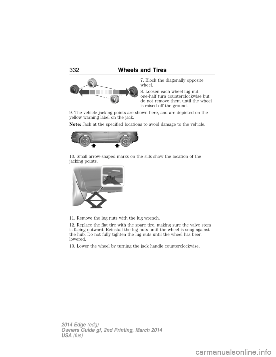 FORD EDGE 2014 1.G Owners Manual 7. Block the diagonally opposite
wheel.
8. Loosen each wheel lug nut
one-half turn counterclockwise but
do not remove them until the wheel
is raised off the ground.
9. The vehicle jacking points are s FORD EDGE 2014 1.G Owners Manual 7. Block the diagonally opposite
wheel.
8. Loosen each wheel lug nut
one-half turn counterclockwise but
do not remove them until the wheel
is raised off the ground.
9. The vehicle jacking points are s
