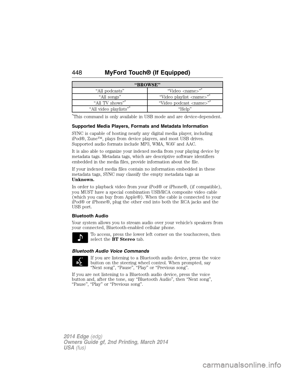 FORD EDGE 2014 1.G Owners Manual “BROWSE”
“All podcasts” “Video <name>”*
“All songs” “Video playlist <name>”*
“All TV shows”*“Video podcast <name>”*
“All video playlists”*“Help”
*This command is on FORD EDGE 2014 1.G Owners Manual “BROWSE”
“All podcasts” “Video <name>”*
“All songs” “Video playlist <name>”*
“All TV shows”*“Video podcast <name>”*
“All video playlists”*“Help”
*This command is on