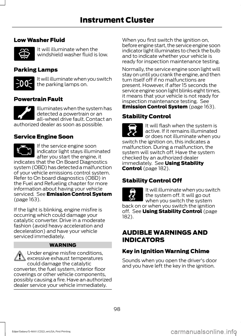 FORD EDGE 2015 2.G Owners Manual Low Washer Fluid
It will illuminate when the
windshield washer fluid is low.
Parking Lamps It will illuminate when you switch
the parking lamps on.
Powertrain Fault Illuminates when the system has
det