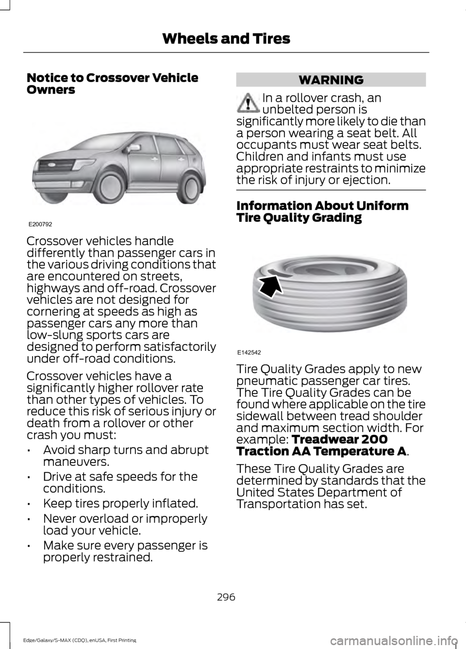 FORD EDGE 2015 2.G Owners Manual Notice to Crossover Vehicle
Owners
Crossover vehicles handle
differently than passenger cars in
the various driving conditions that
are encountered on streets,
highways and off-road. Crossover
vehicle