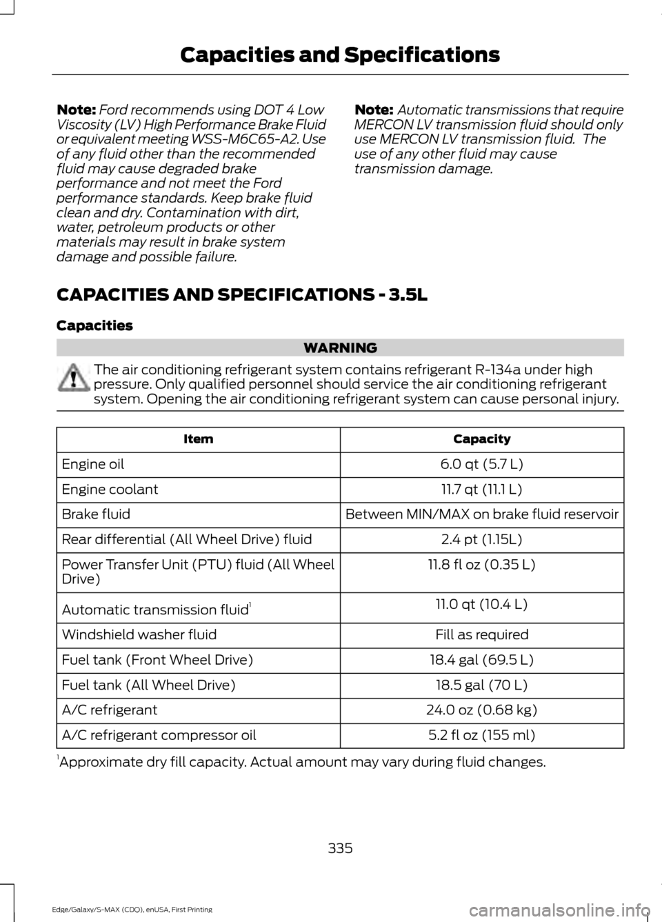 FORD EDGE 2015 2.G Owners Manual Note:
Ford recommends using DOT 4 Low
Viscosity (LV) High Performance Brake Fluid
or equivalent meeting WSS-M6C65-A2. Use
of any fluid other than the recommended
fluid may cause degraded brake
perform FORD EDGE 2015 2.G Owners Manual Note:
Ford recommends using DOT 4 Low
Viscosity (LV) High Performance Brake Fluid
or equivalent meeting WSS-M6C65-A2. Use
of any fluid other than the recommended
fluid may cause degraded brake
perform