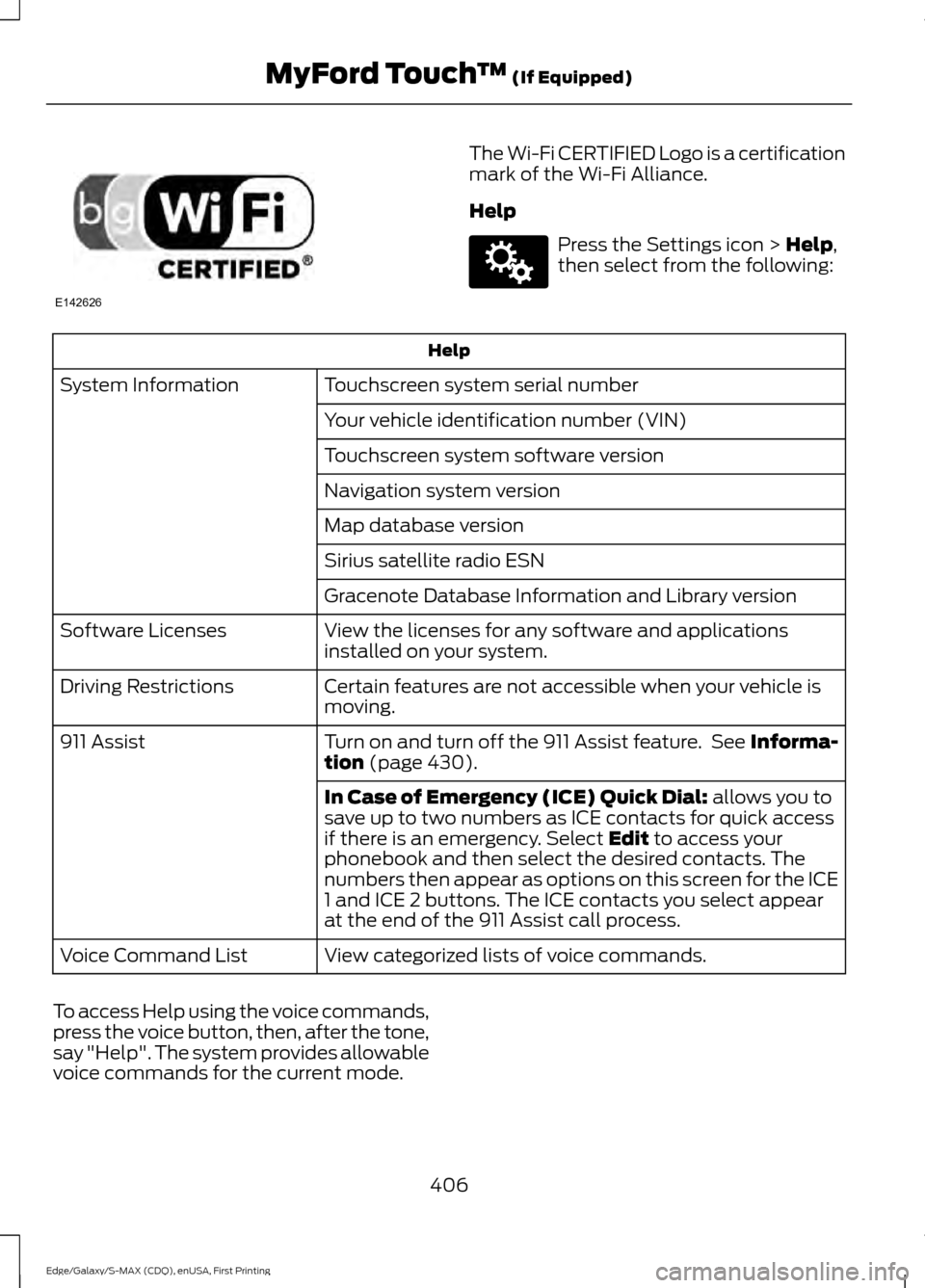 FORD EDGE 2015 2.G User Guide The Wi-Fi CERTIFIED Logo is a certification
mark of the Wi-Fi Alliance.
Help
Press the Settings icon > Help,
then select from the following: Help
Touchscreen system serial number
System Information
Yo FORD EDGE 2015 2.G User Guide The Wi-Fi CERTIFIED Logo is a certification
mark of the Wi-Fi Alliance.
Help
Press the Settings icon > Help,
then select from the following: Help
Touchscreen system serial number
System Information
Yo