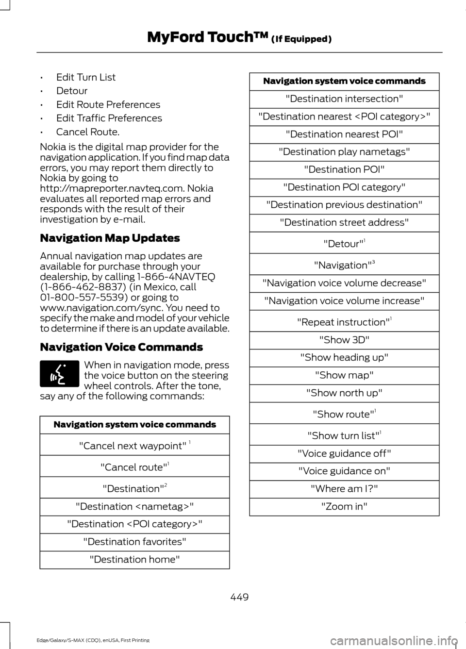 FORD EDGE 2015 2.G Owners Manual •
Edit Turn List
• Detour
• Edit Route Preferences
• Edit Traffic Preferences
• Cancel Route.
Nokia is the digital map provider for the
navigation application. If you find map data
errors, y FORD EDGE 2015 2.G Owners Manual •
Edit Turn List
• Detour
• Edit Route Preferences
• Edit Traffic Preferences
• Cancel Route.
Nokia is the digital map provider for the
navigation application. If you find map data
errors, y