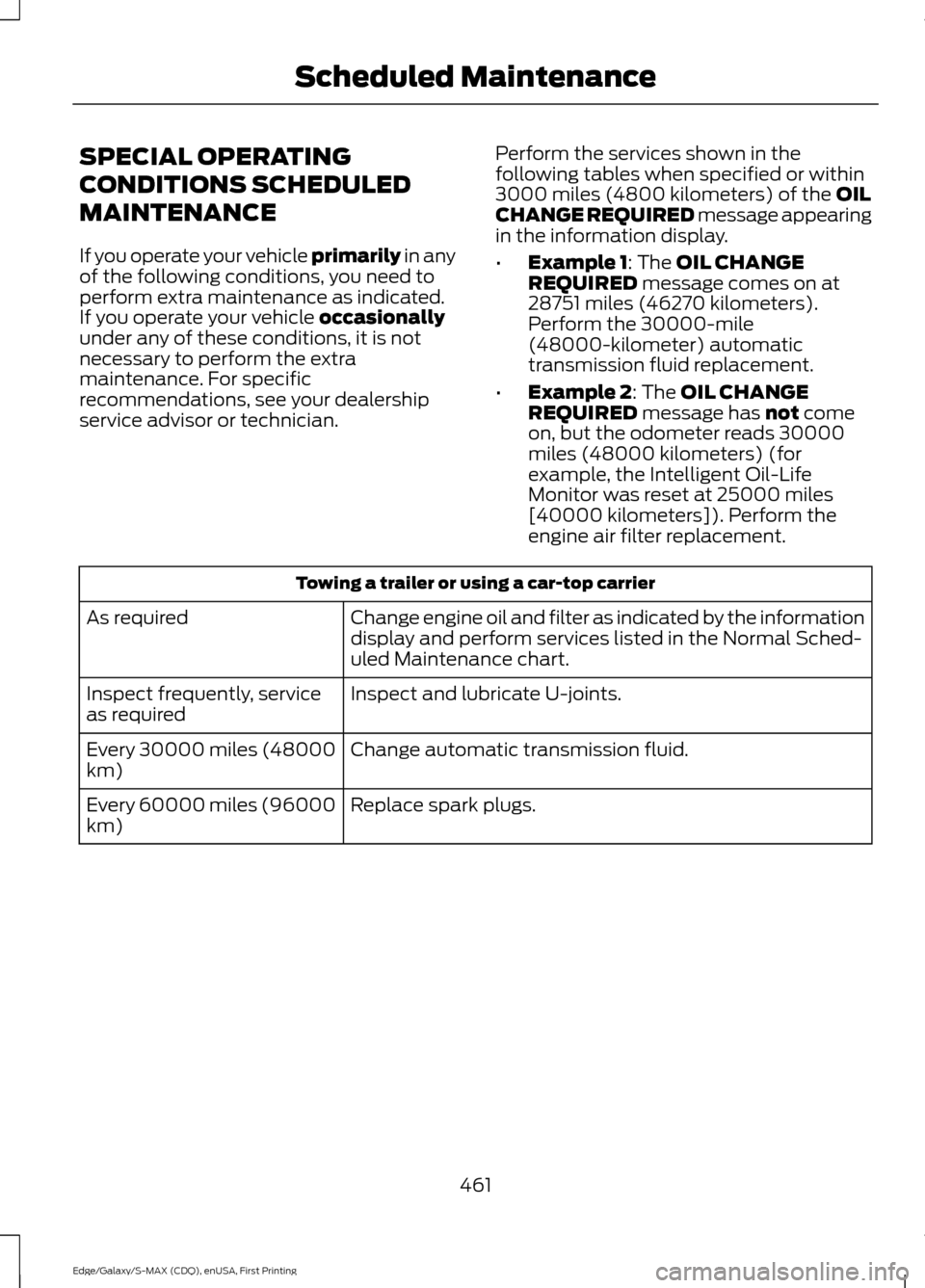 FORD EDGE 2015 2.G Owners Manual SPECIAL OPERATING
CONDITIONS SCHEDULED
MAINTENANCE
If you operate your vehicle primarily in any
of the following conditions, you need to
perform extra maintenance as indicated.
If you operate your veh FORD EDGE 2015 2.G Owners Manual SPECIAL OPERATING
CONDITIONS SCHEDULED
MAINTENANCE
If you operate your vehicle primarily in any
of the following conditions, you need to
perform extra maintenance as indicated.
If you operate your veh