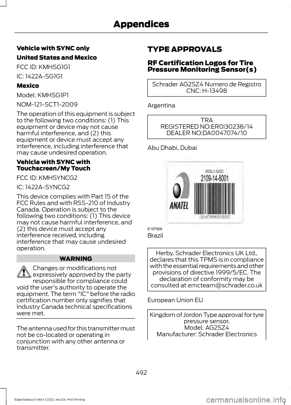 FORD EDGE 2015 2.G Owners Manual Vehicle with SYNC only
United States and Mexico
FCC ID: KMHSG1G1
IC: 1422A-SG1G1
Mexico
Model: KMHSG1P1
NOM-121-SCT1-2009
The operation of this equipment is subject
to the following two conditions: (1 FORD EDGE 2015 2.G Owners Manual Vehicle with SYNC only
United States and Mexico
FCC ID: KMHSG1G1
IC: 1422A-SG1G1
Mexico
Model: KMHSG1P1
NOM-121-SCT1-2009
The operation of this equipment is subject
to the following two conditions: (1