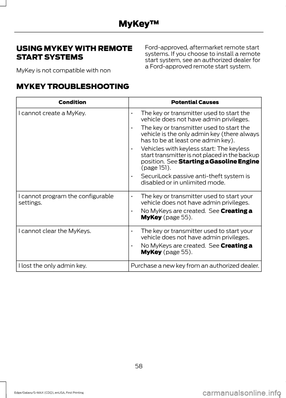 FORD EDGE 2015 2.G Owners Manual USING MYKEY WITH REMOTE
START SYSTEMS
MyKey is not compatible with non
Ford-approved, aftermarket remote start
systems. If you choose to install a remote
start system, see an authorized dealer for
a F FORD EDGE 2015 2.G Owners Manual USING MYKEY WITH REMOTE
START SYSTEMS
MyKey is not compatible with non
Ford-approved, aftermarket remote start
systems. If you choose to install a remote
start system, see an authorized dealer for
a F