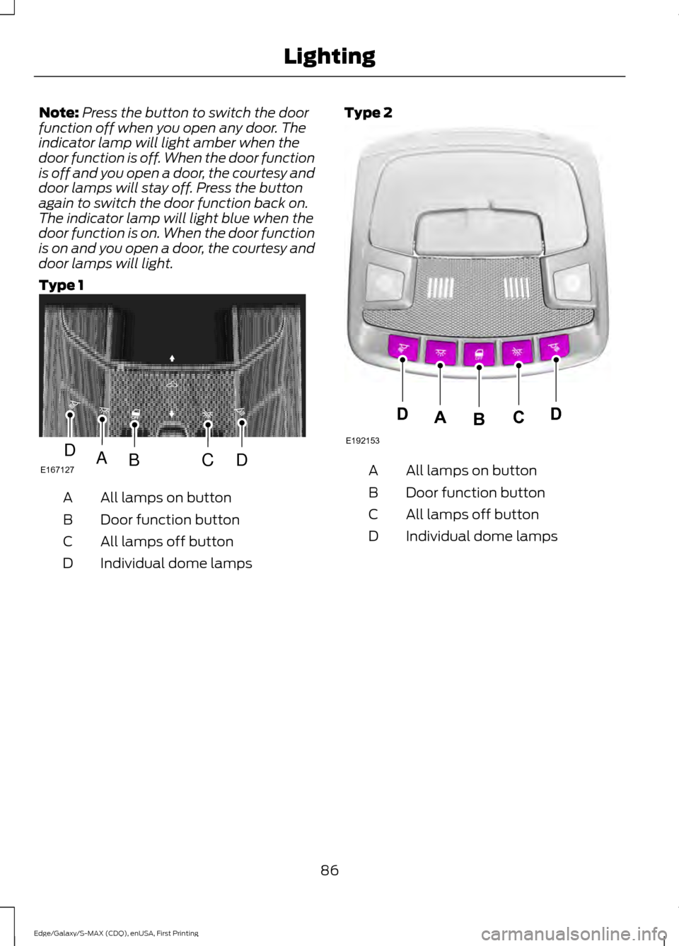 FORD EDGE 2015 2.G Manual Online Note:
Press the button to switch the door
function off when you open any door. The
indicator lamp will light amber when the
door function is off. When the door function
is off and you open a door, the FORD EDGE 2015 2.G Manual Online Note:
Press the button to switch the door
function off when you open any door. The
indicator lamp will light amber when the
door function is off. When the door function
is off and you open a door, the